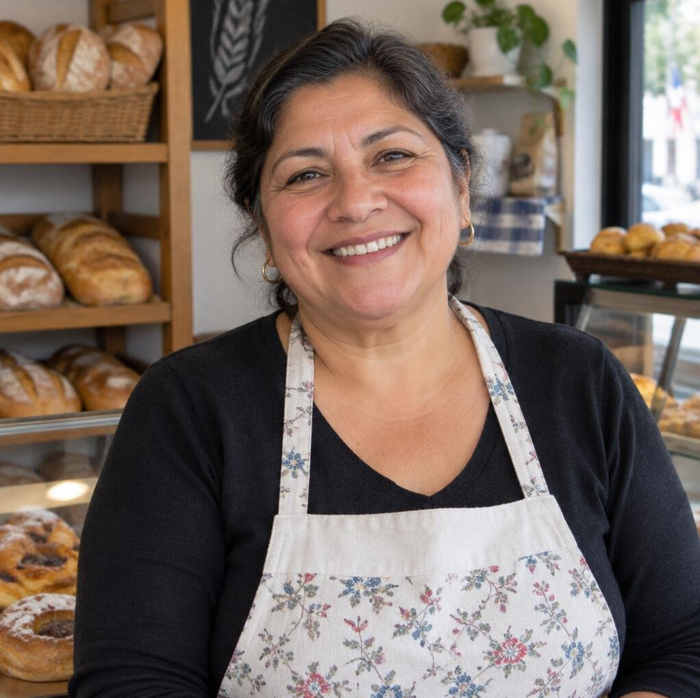 Portrait of a Chilean woman bakery owner smiling in her shop