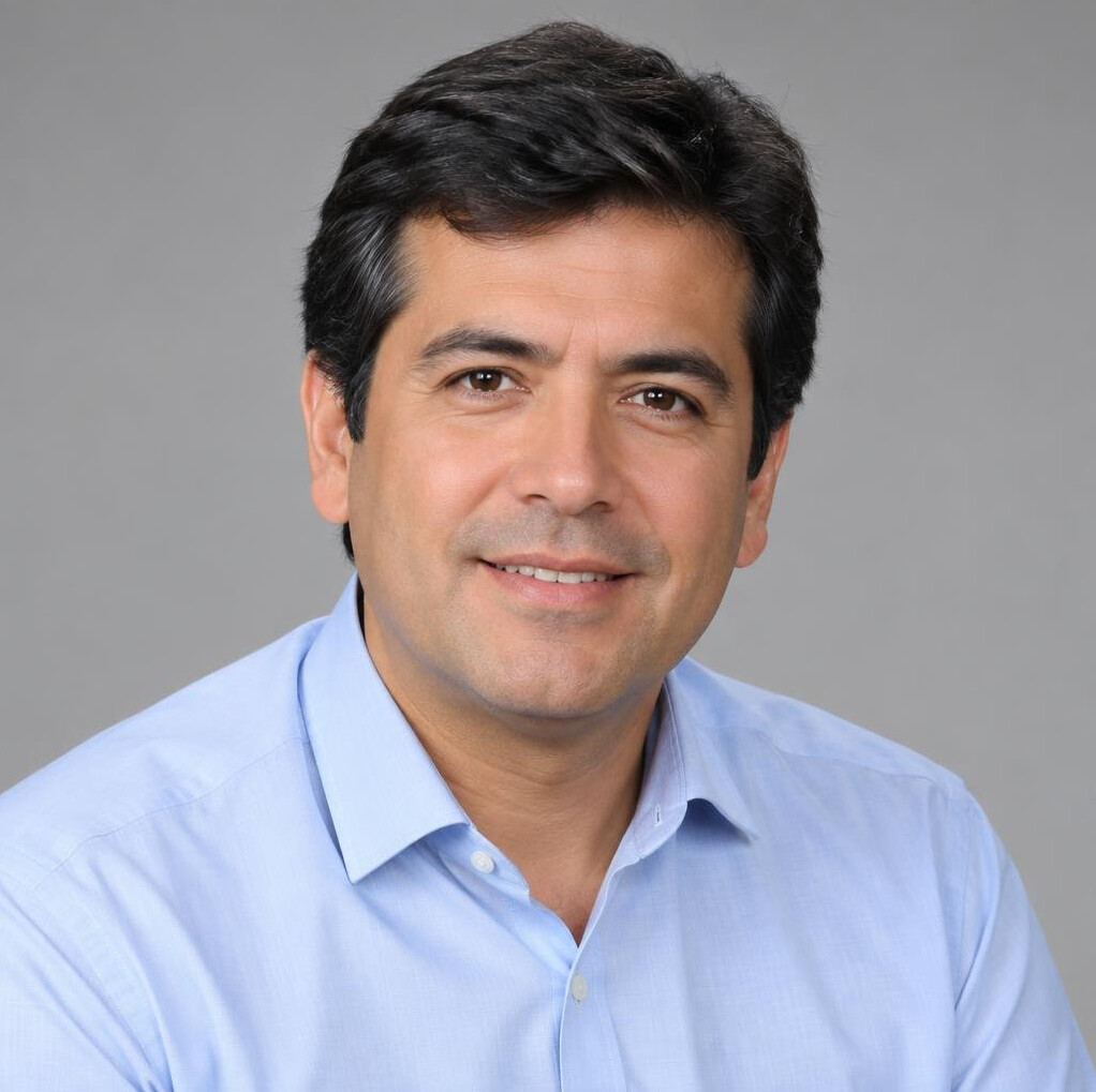 Studio portrait of a Chilean man in his 40s with a friendly expression