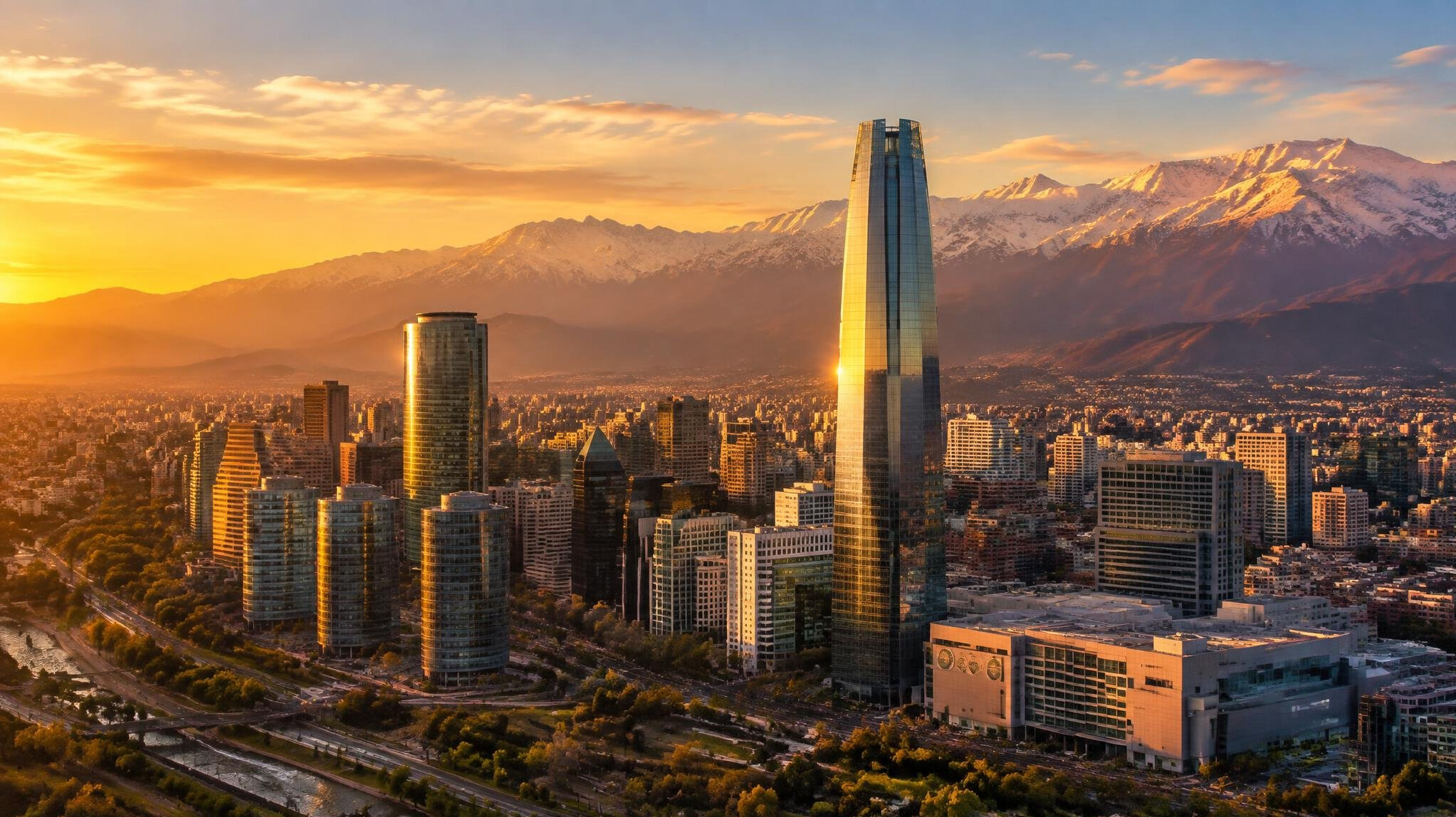Aerial view of a modern South American city business district at sunset