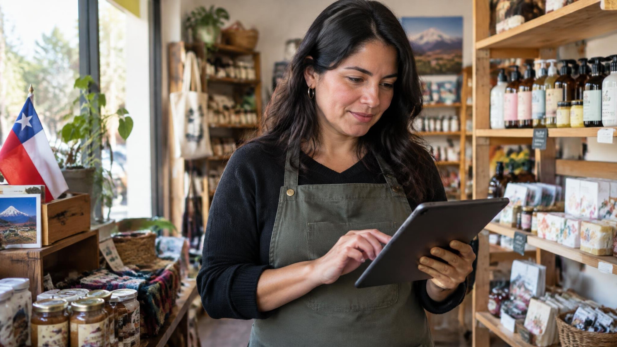 Chilean woman entrepreneur reviewing sales figures on a tablet in her shop