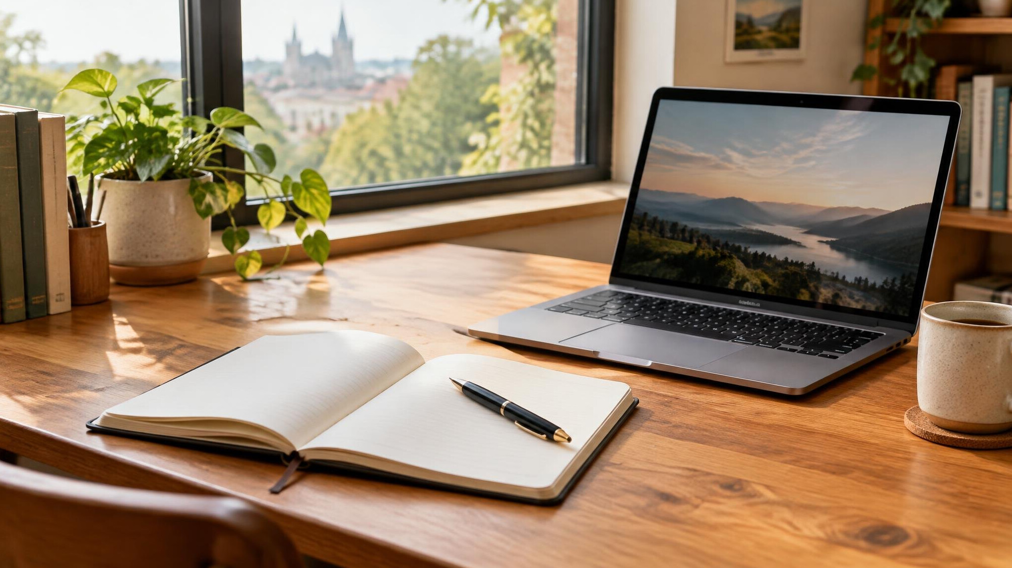 Open notebook, pen and laptop on a wooden desk near a window