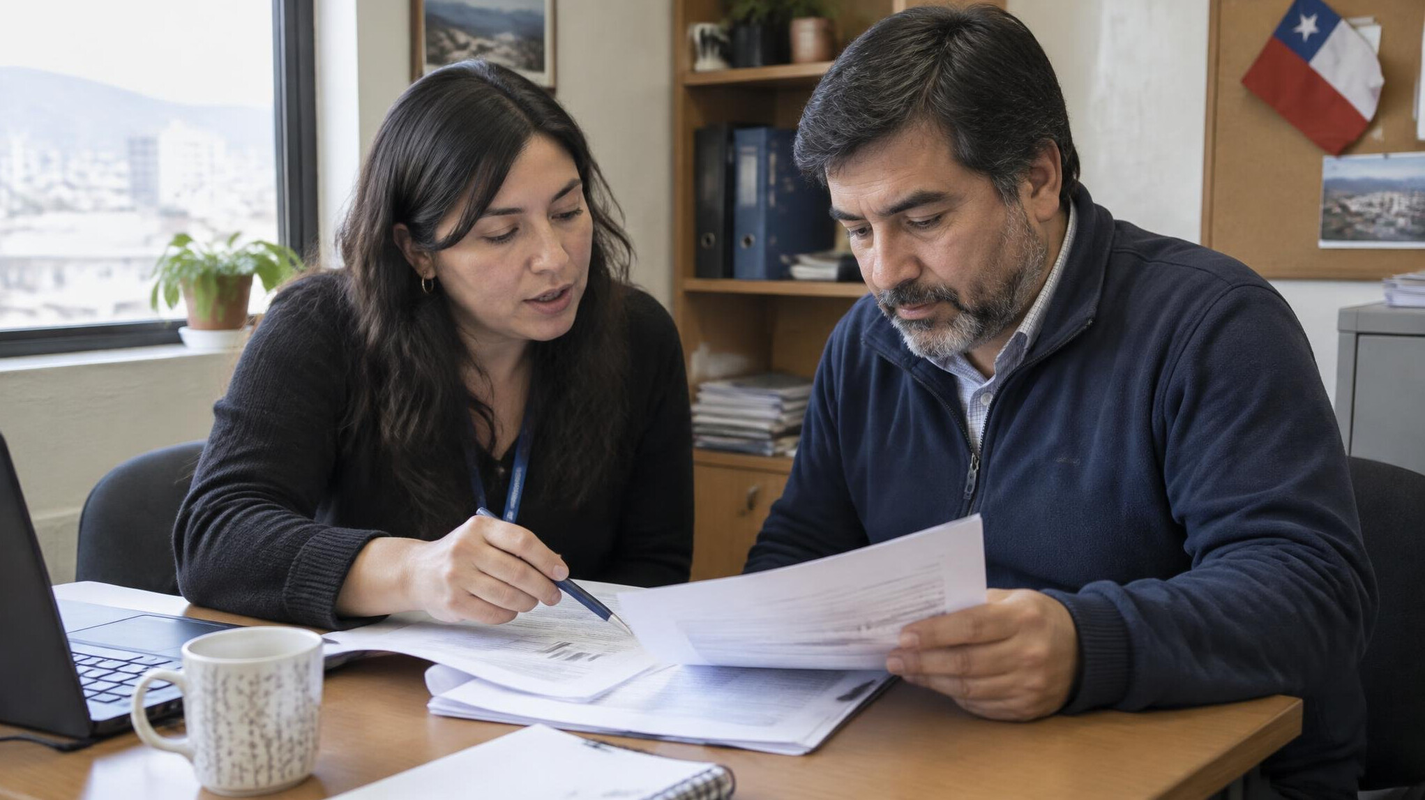 Two Chilean colleagues reviewing documents together at a small office desk