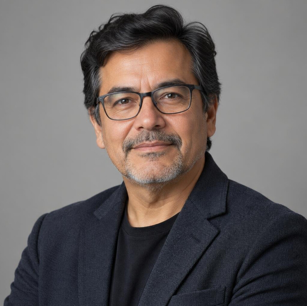 Studio portrait of a Chilean man in his 50s with glasses