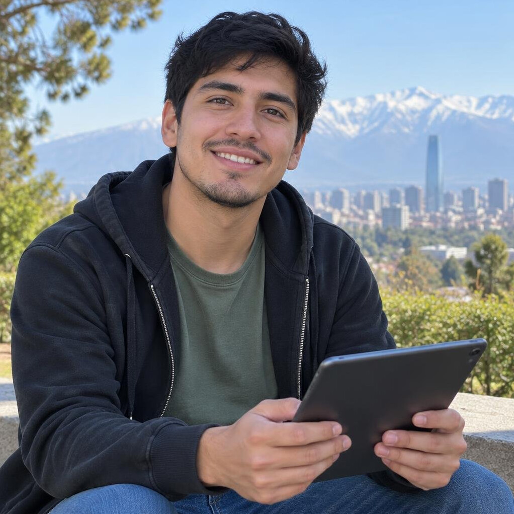 Portrait of a young Chilean man reading on a tablet outdoors