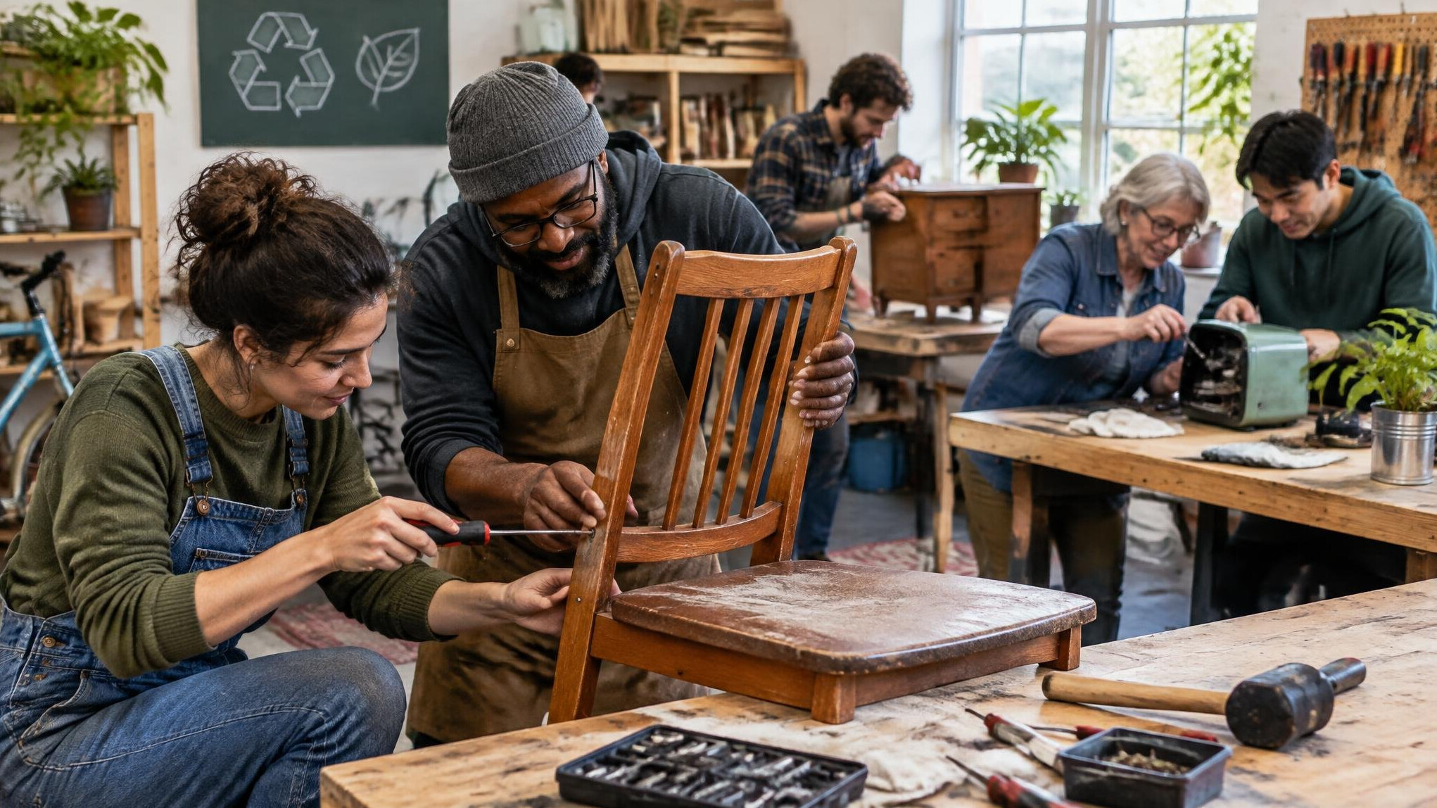 people repairing furniture